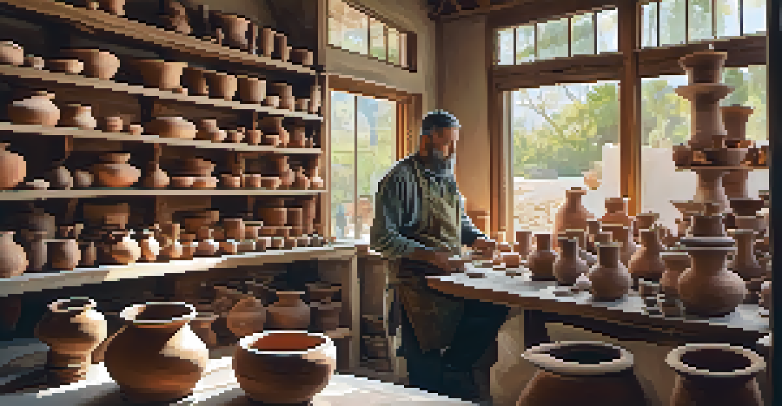 A craftsman creating pottery in a workshop, surrounded by colorful pottery and natural light.