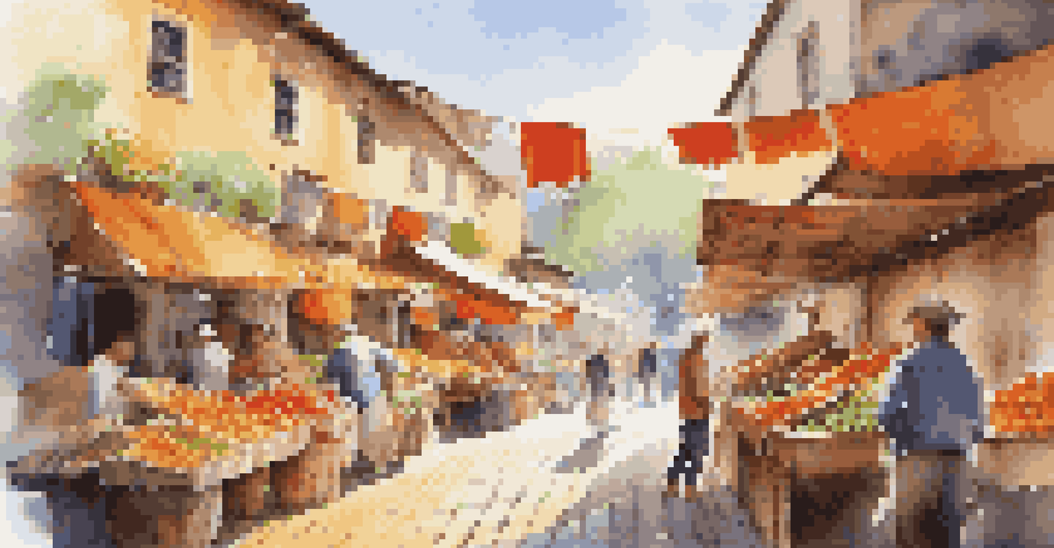 A lively local market with travelers interacting with vendors, showcasing organic produce and crafts under colorful decorations.