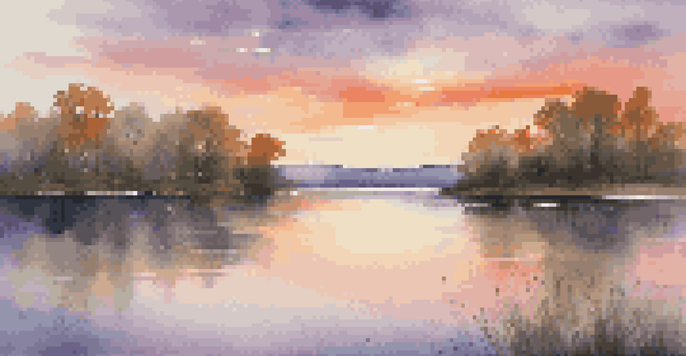 A peaceful sunset landscape with a lake reflecting colorful skies and surrounded by greenery.