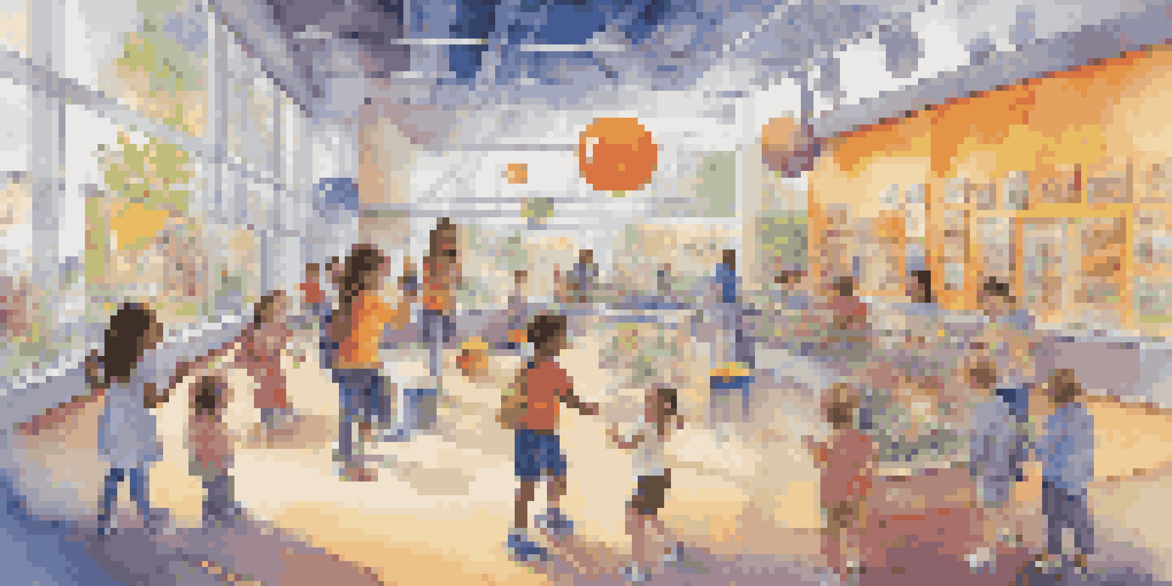 Children joyfully interacting with colorful science exhibits in a well-lit science center.