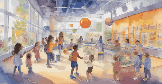 Children joyfully interacting with colorful science exhibits in a well-lit science center.