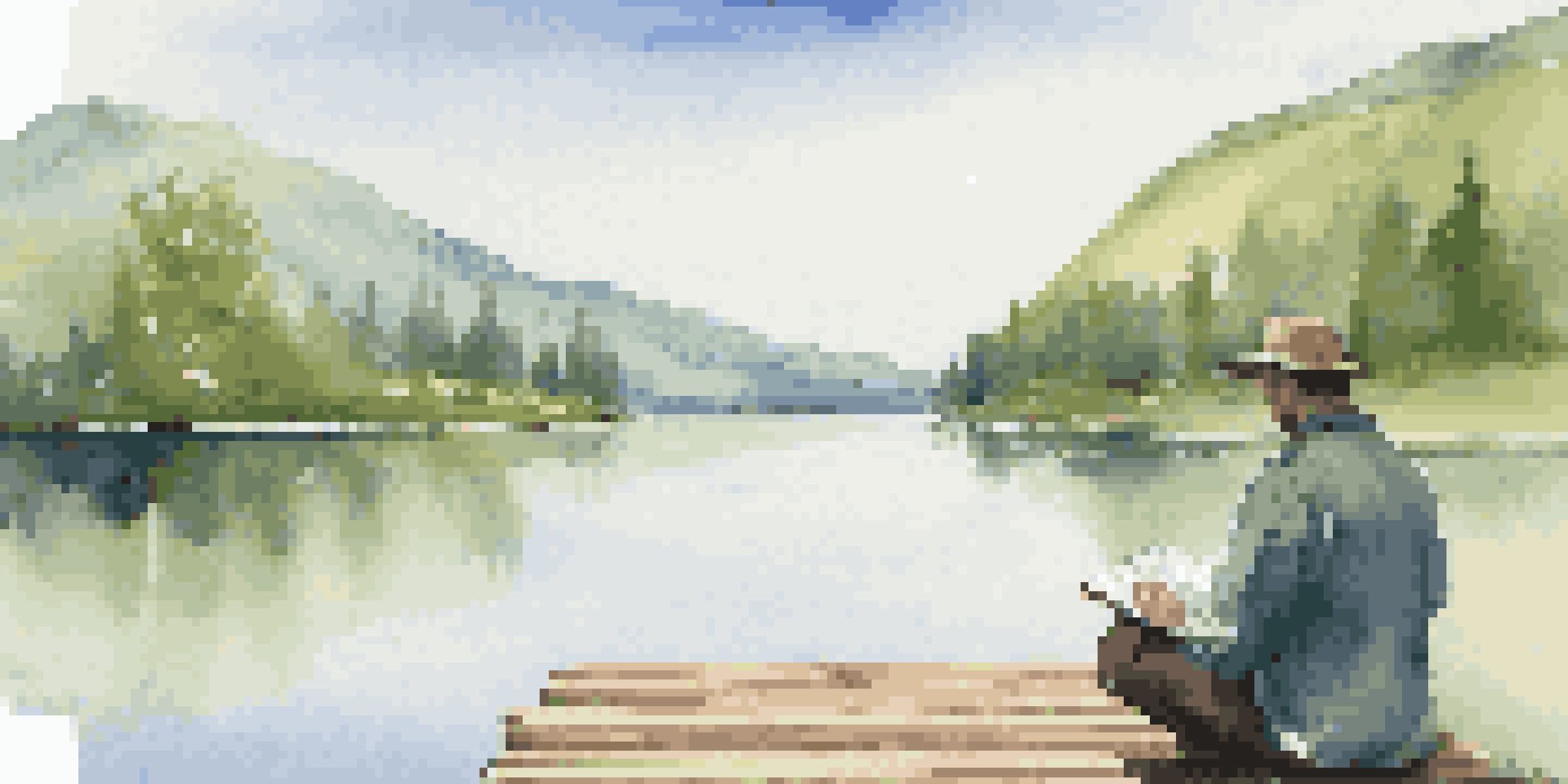 A peaceful lake scene with green mountains and a traveler journaling on a dock.