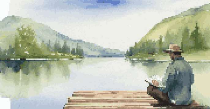 A peaceful lake scene with green mountains and a traveler journaling on a dock.