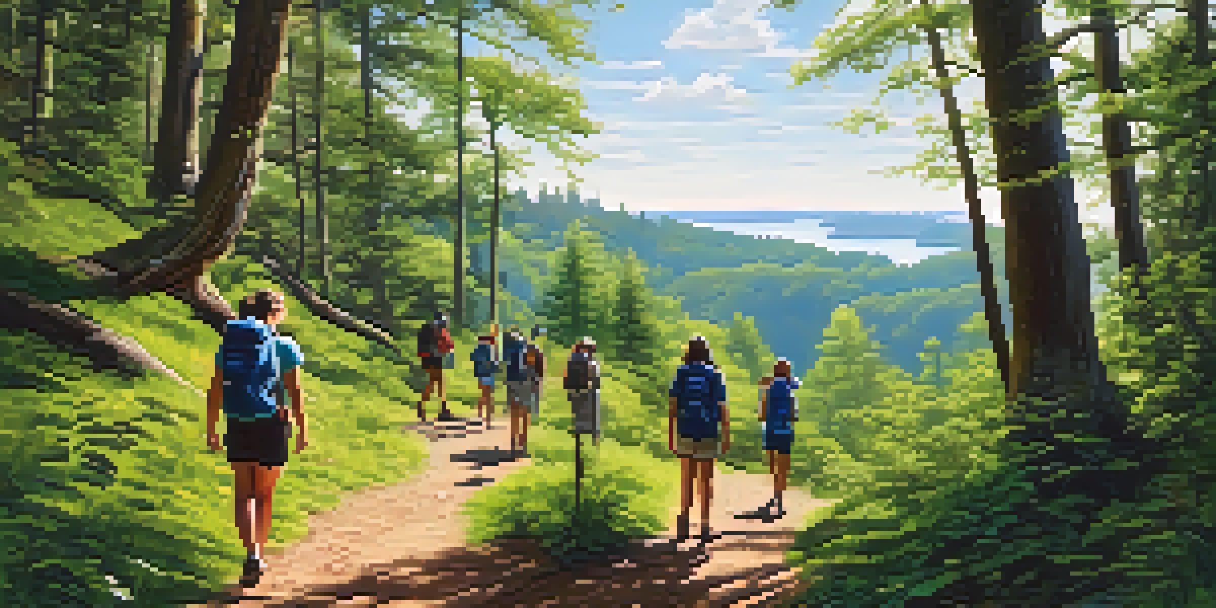 A beautiful national park with a hiking trail, tall trees, and eco-conscious travelers enjoying nature.