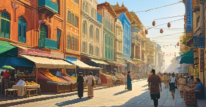 A lively street in a foreign city with colorful buildings, pedestrians, and street vendors during sunset.