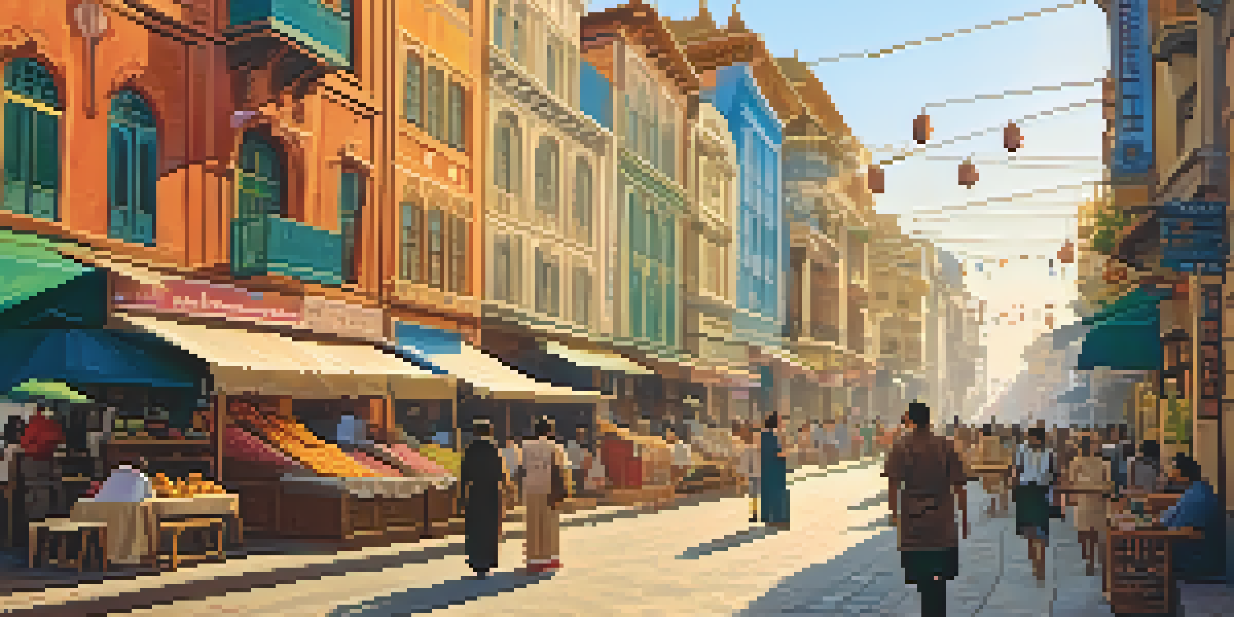 A lively street in a foreign city with colorful buildings, pedestrians, and street vendors during sunset.