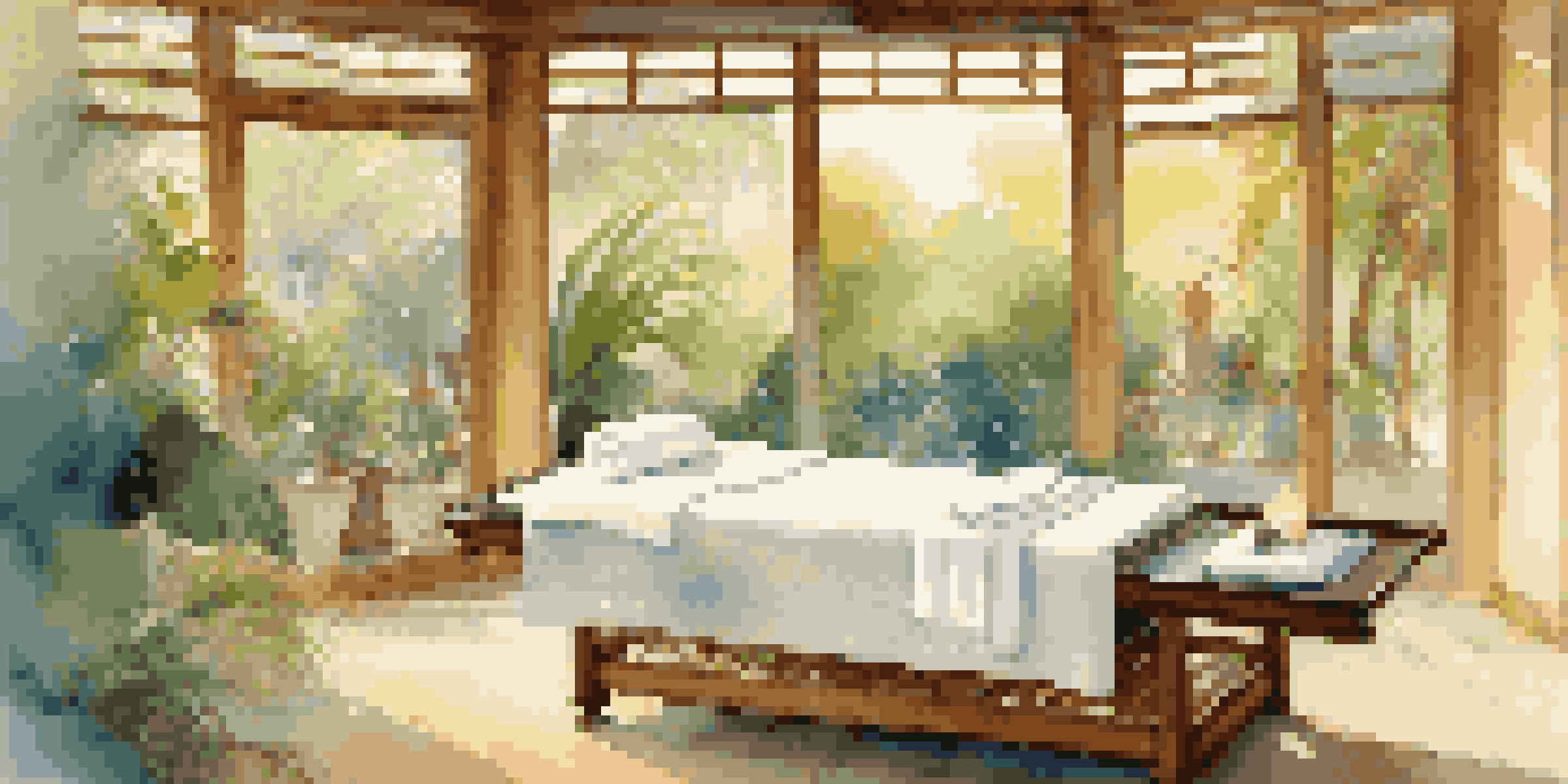 A peaceful luxury spa room with a massage table, candles, and a view of a tropical garden.