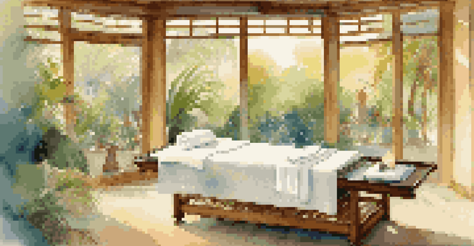 A peaceful luxury spa room with a massage table, candles, and a view of a tropical garden.