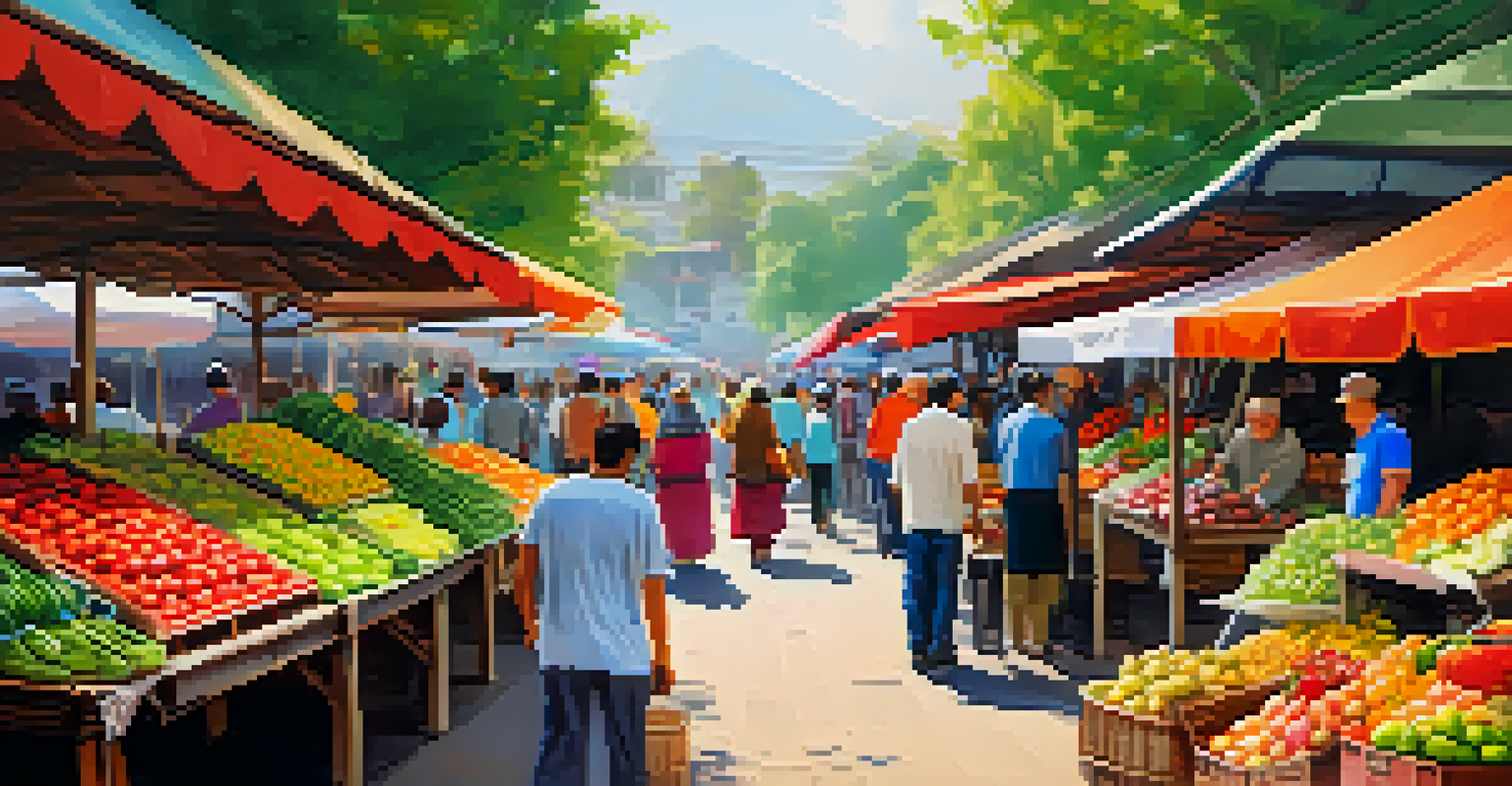 A lively local market with colorful stalls and people interacting, showcasing fresh produce and street food.
