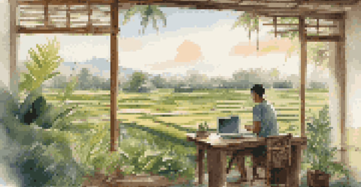 A tranquil co-working space in Bali with rice paddies and sunlight.