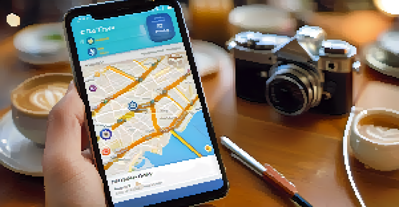 A smartphone with a travel booking app displayed, placed on a café table with a cup of coffee and travel items.