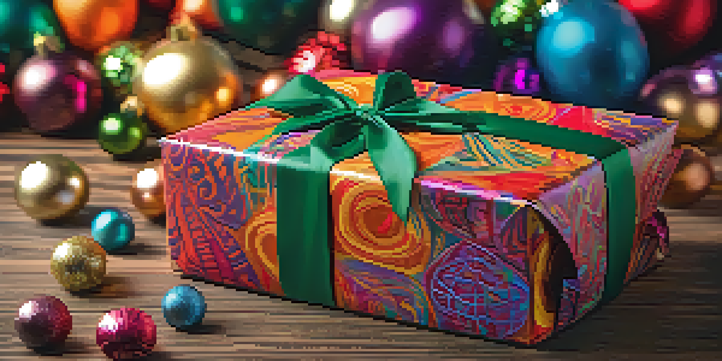A colorful gift wrapped in intricate paper with a shiny ribbon on a wooden table, surrounded by seasonal decorations and warm lighting.