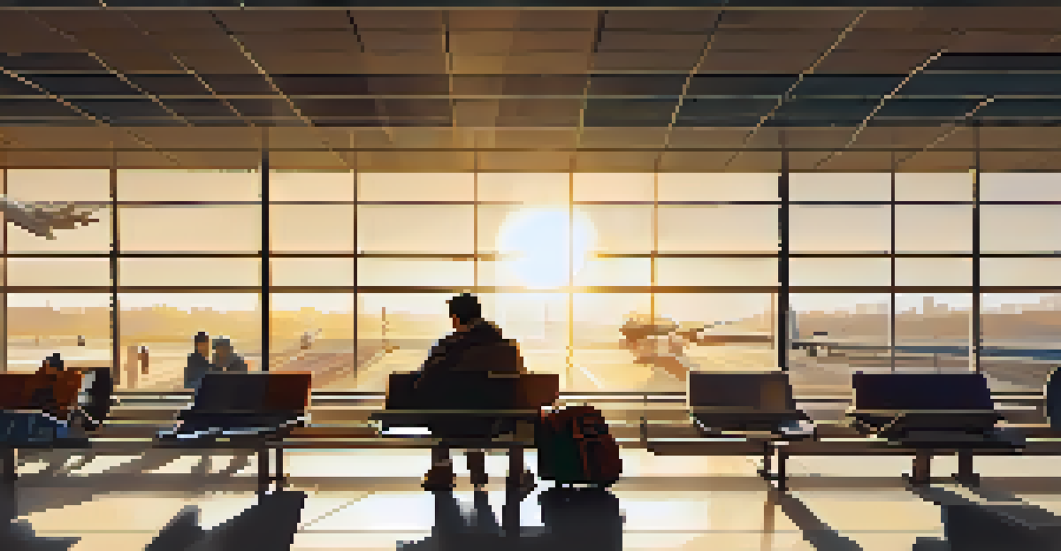 A traveler sitting in an airport terminal, engrossed in a book while surrounded by the hustle and bustle of the airport.