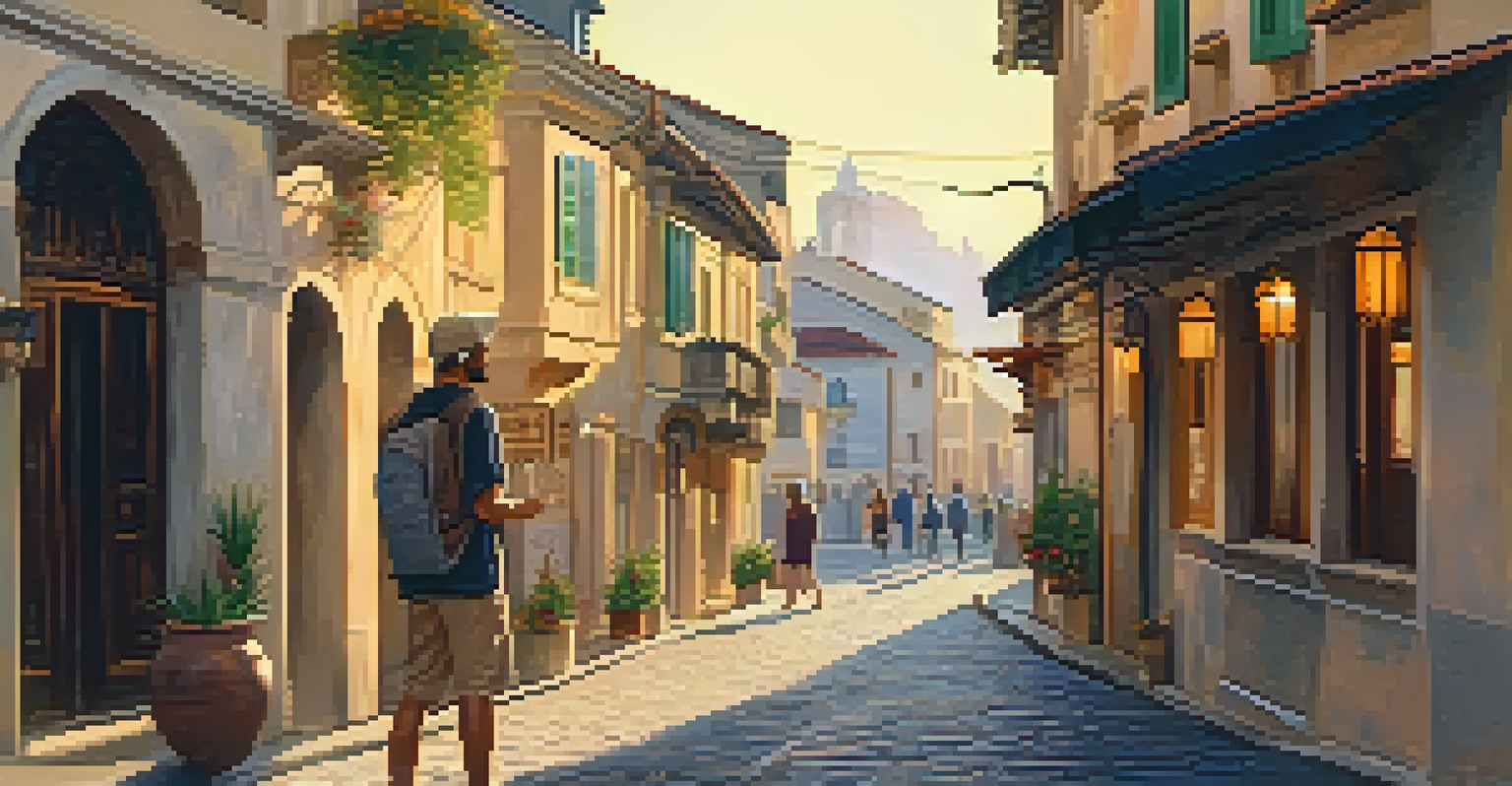A traveler asking a local for directions in a beautiful city street during golden hour.