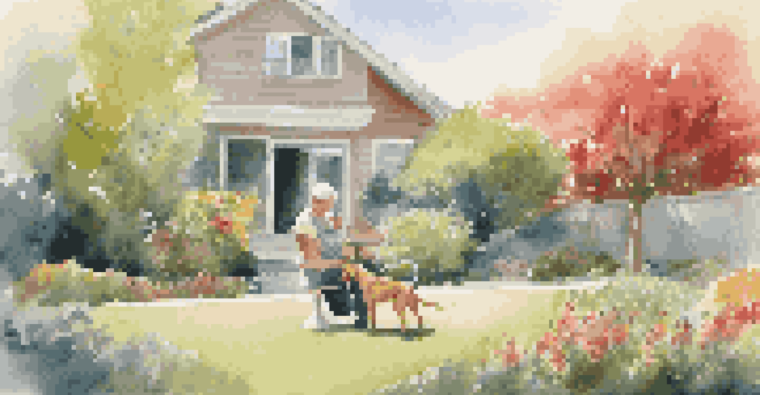 A pet owner practicing emergency protocols with their dog in a calm and sunny backyard setting.