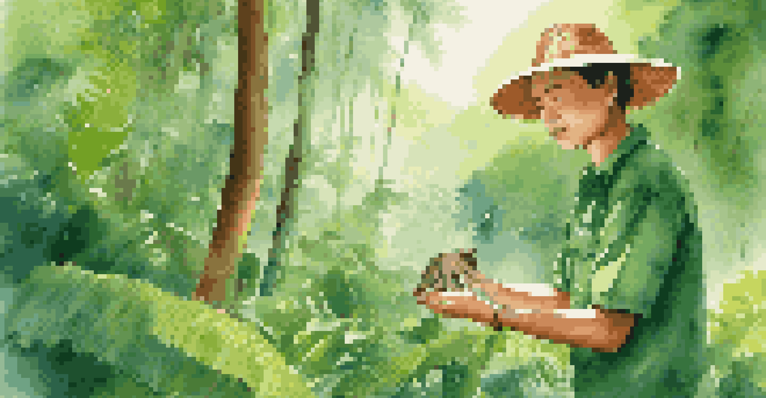 A volunteer in a green shirt interacting with a rescued animal in a lush forest filled with tropical plants and trees.
