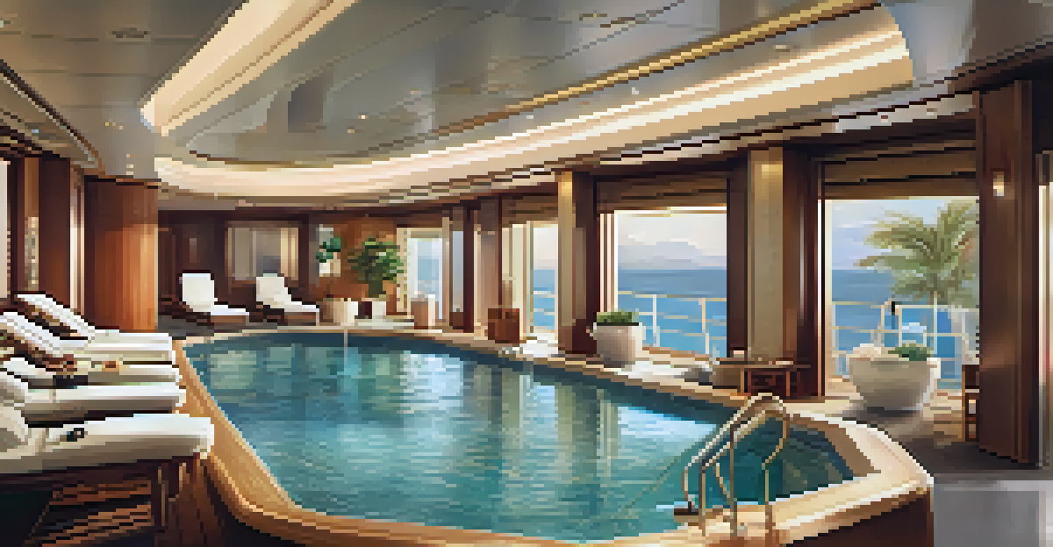 A serene spa area on a luxury cruise ship with guests enjoying massages and ocean views.