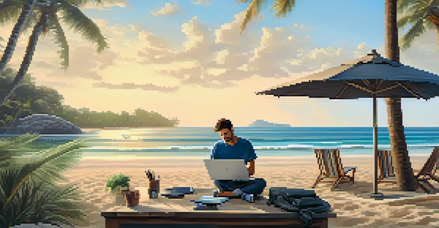 A digital nomad working on a laptop at the beach, surrounded by palm trees and a portable charger.