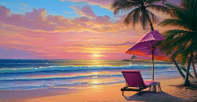 A person relaxing on a beach at sunset with a laptop and a tropical drink, surrounded by calm waves and a colorful sky.