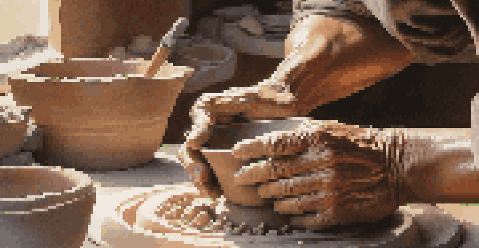 A close-up of an artisan crafting pottery, with hands covered in clay and tools nearby.