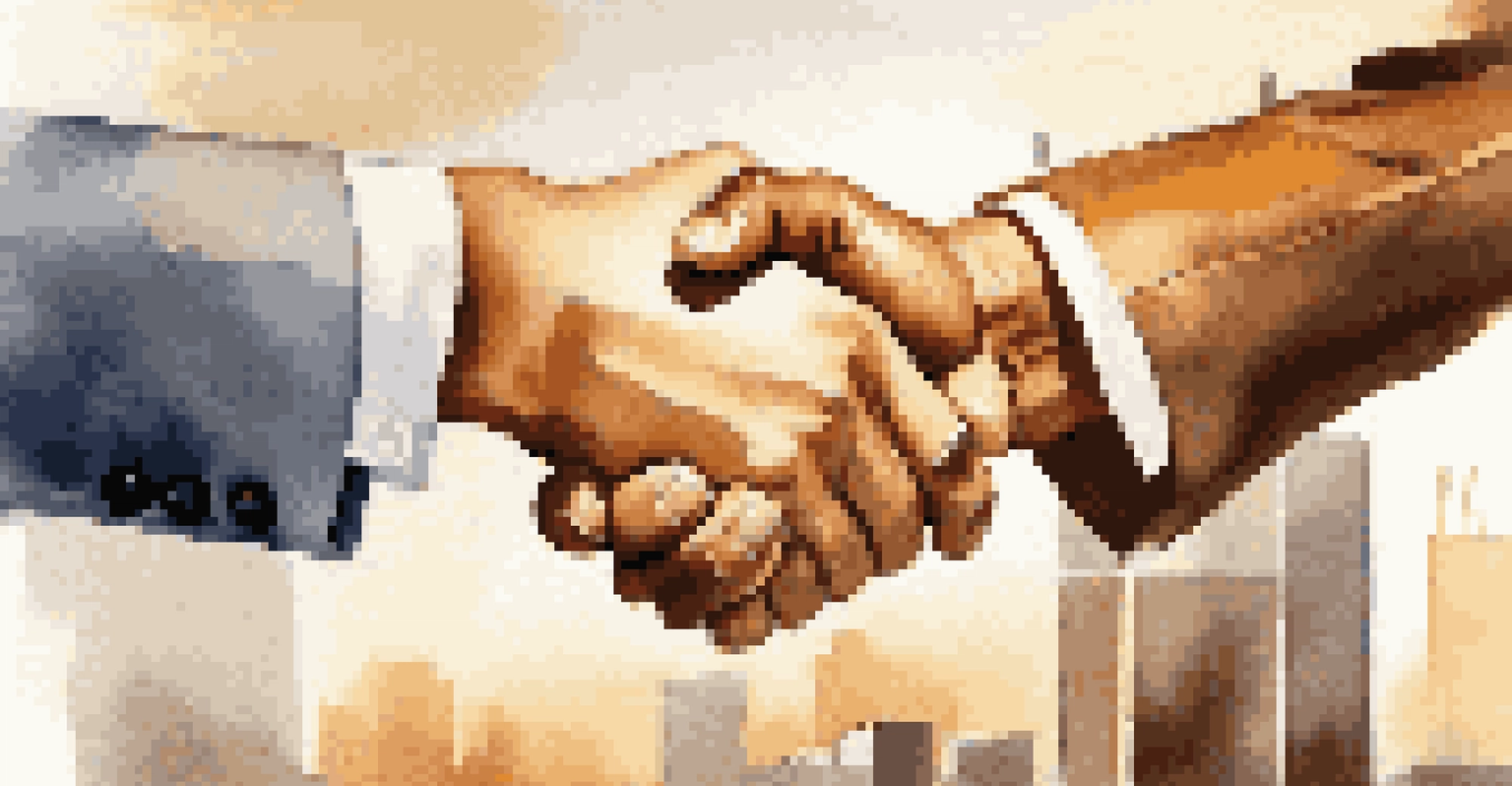 A close-up of a handshake in a business setting, with a blurred office background.