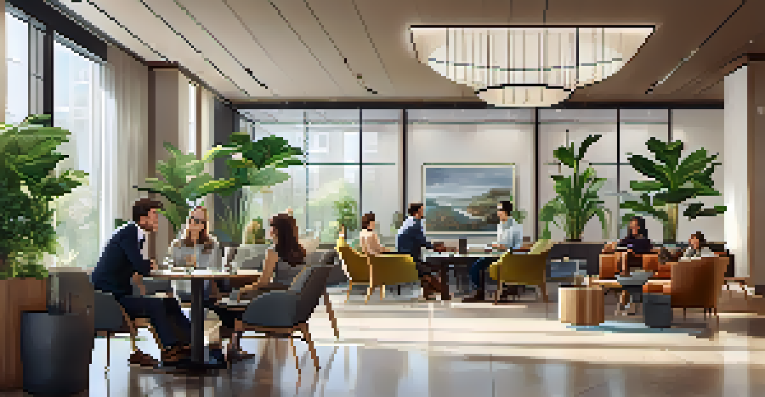 A stylish hotel lobby with a modern co-working space for travelers.