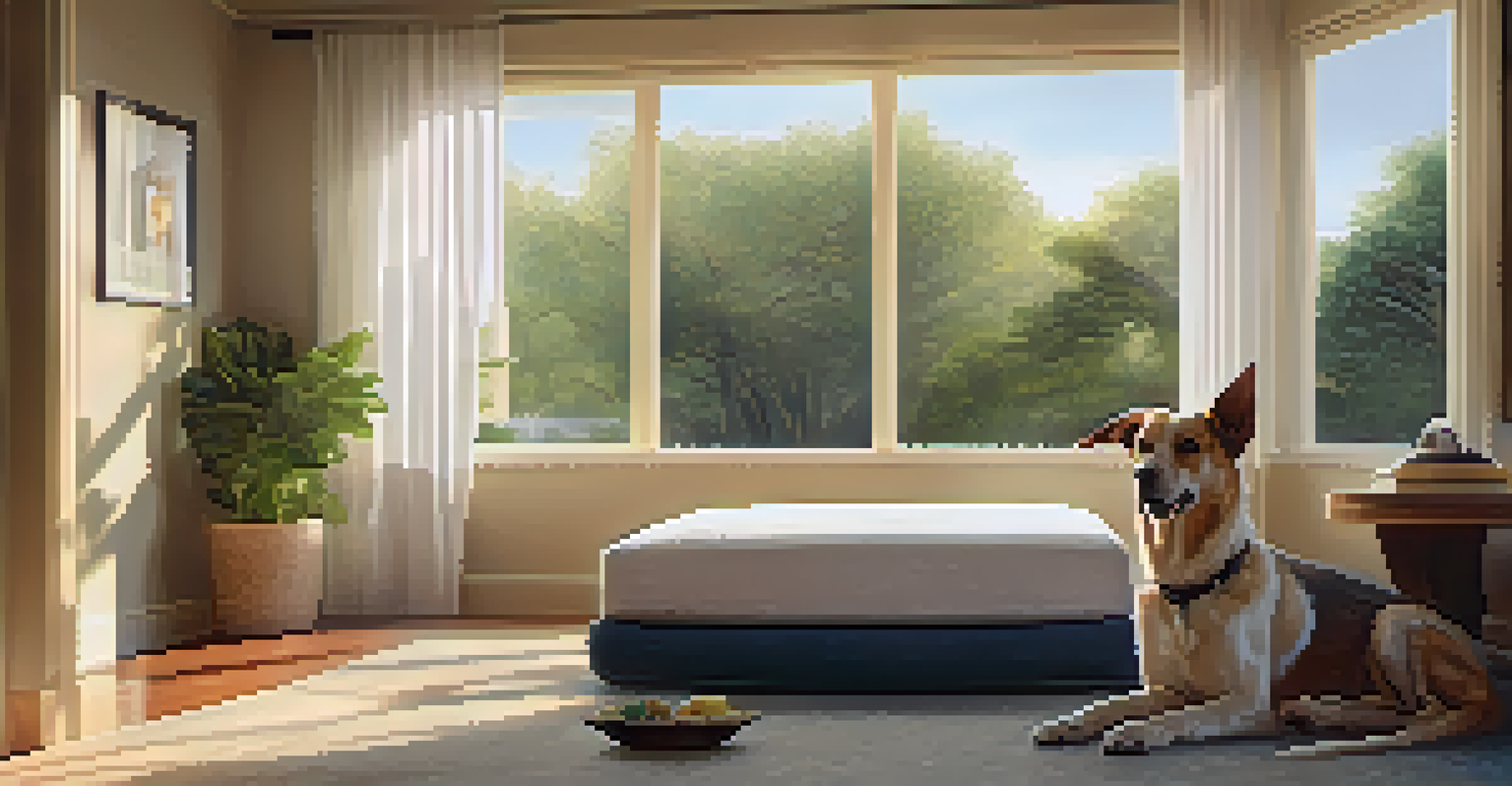 A dog resting on a pet bed in a sunlit hotel room with a view of an outdoor patio.