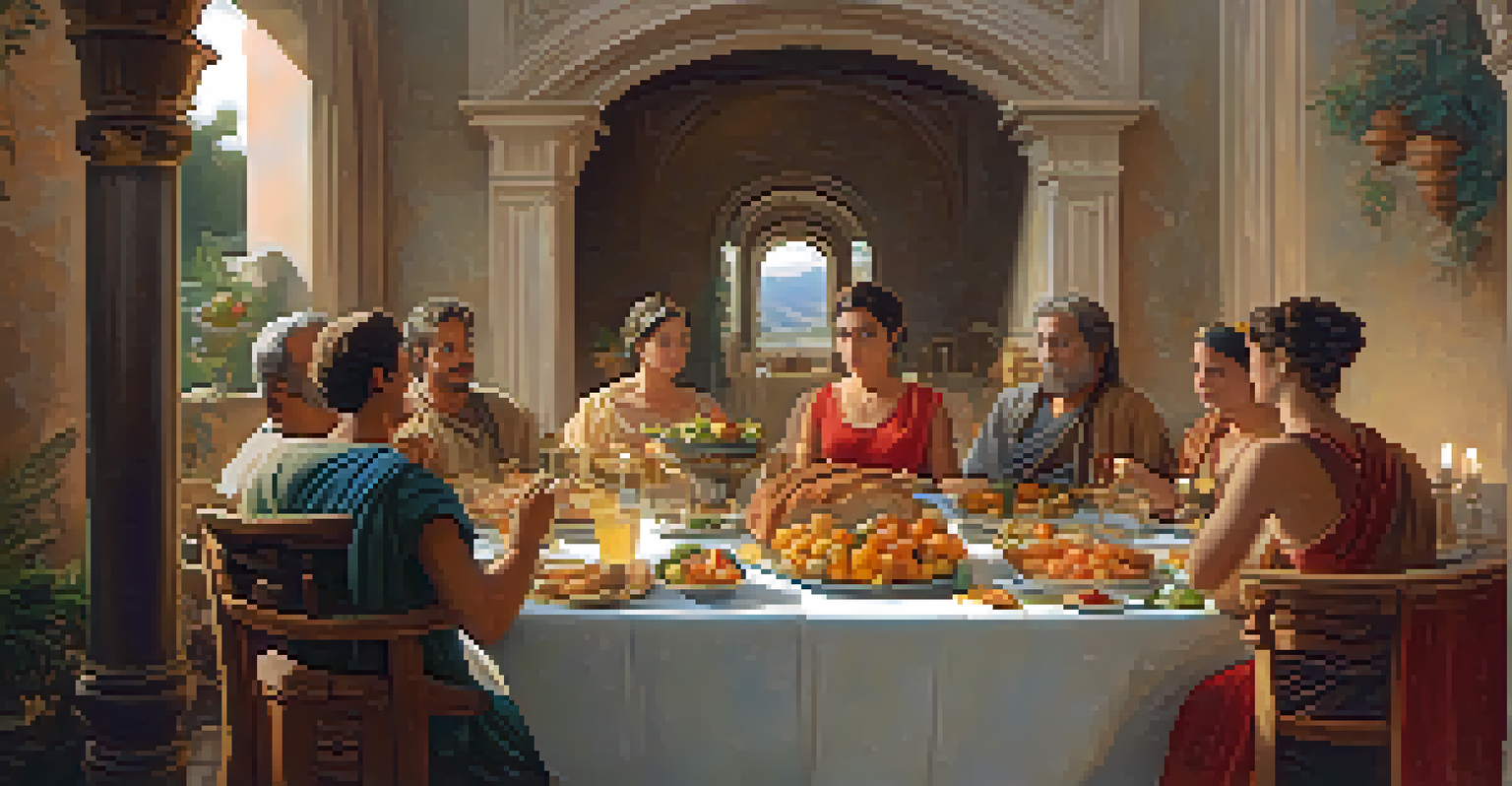 A Roman family dining in a villa, surrounded by an elaborate feast and illuminated by soft golden light from oil lamps.