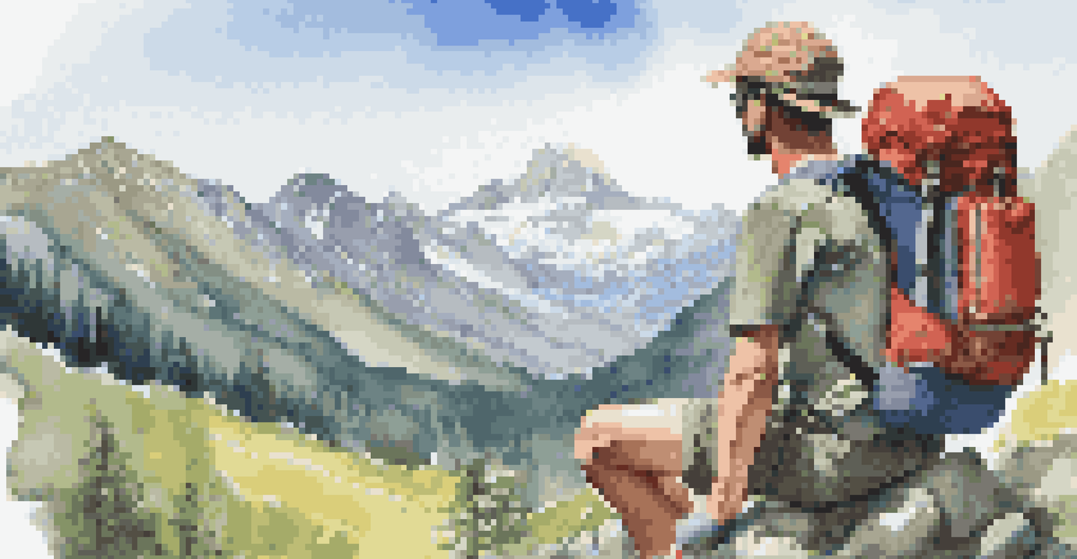 A hiker getting ready for an adventure in a beautiful mountain setting.
