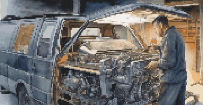 A mechanic examining a van's engine in a well-lit workshop, surrounded by tools and engine parts.