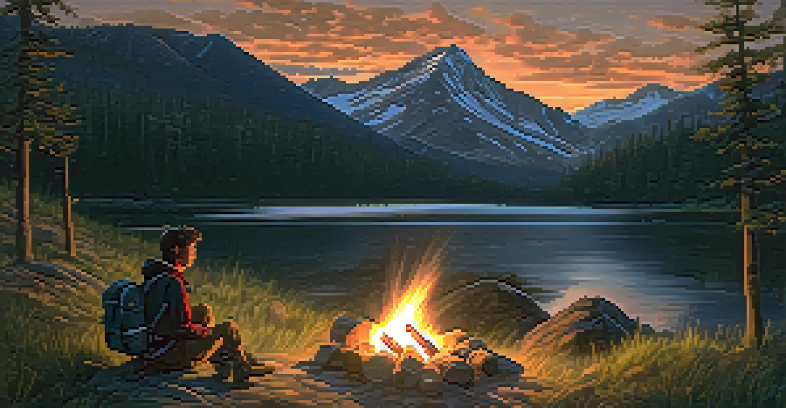 A solo camper enjoying a campfire under a starry sky, with mountains in the background.