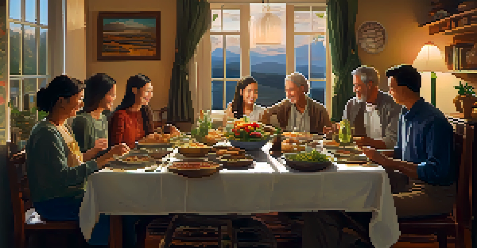 Travelers enjoying traditional food with a local family in a cozy home, sharing smiles and stories.