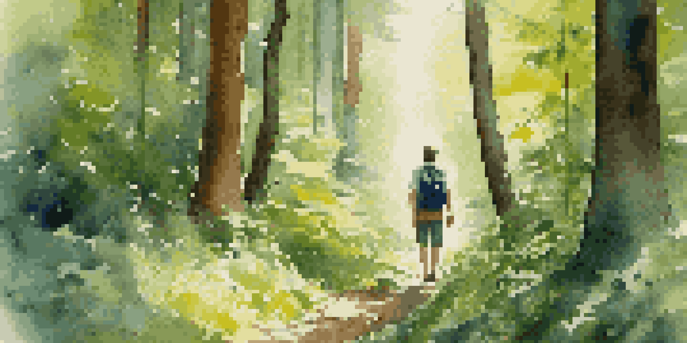 A traveler in a lush green forest surrounded by tall trees and wildflowers, with sunlight filtering through the leaves.