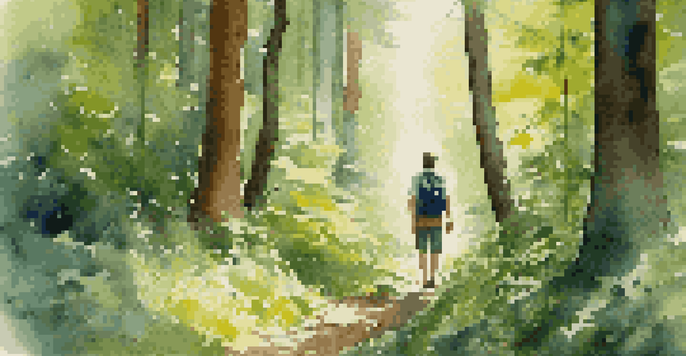 A traveler in a lush green forest surrounded by tall trees and wildflowers, with sunlight filtering through the leaves.