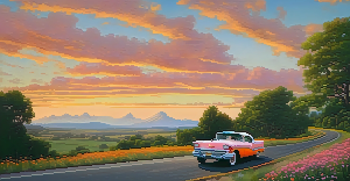 A vintage car drives on a scenic road surrounded by lush greenery and wildflowers during sunset.