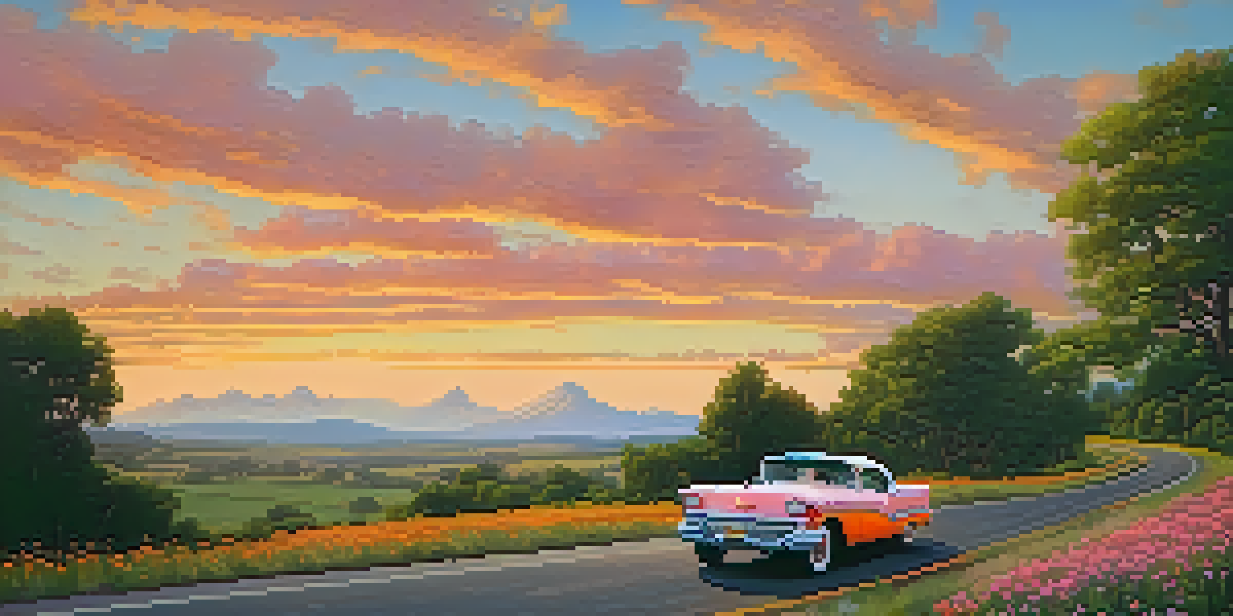 A vintage car drives on a scenic road surrounded by lush greenery and wildflowers during sunset.