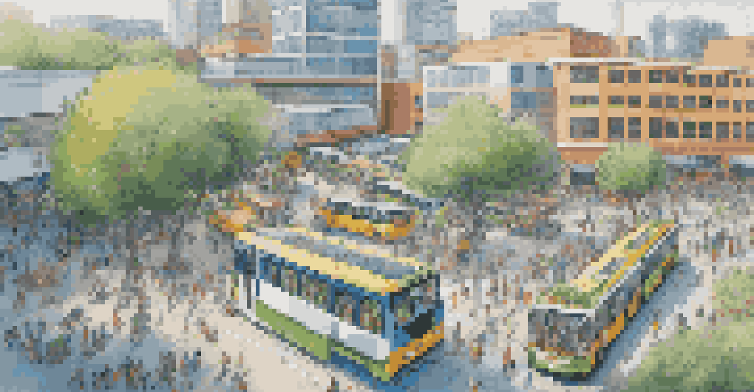 Aerial view of a public transport hub with buses, trams, and bicycles in a vibrant city.