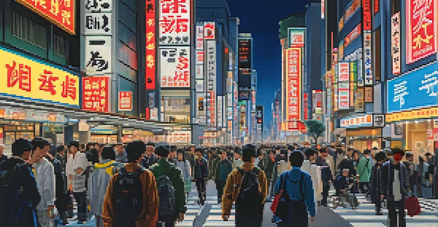 A busy crosswalk in Shibuya, Tokyo, with pedestrians including those using mobility aids, set against a backdrop of neon signs.