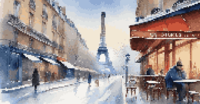 A peaceful winter scene in Paris with the Eiffel Tower in the background, snow-covered streets, and an empty café table with a cup of coffee.