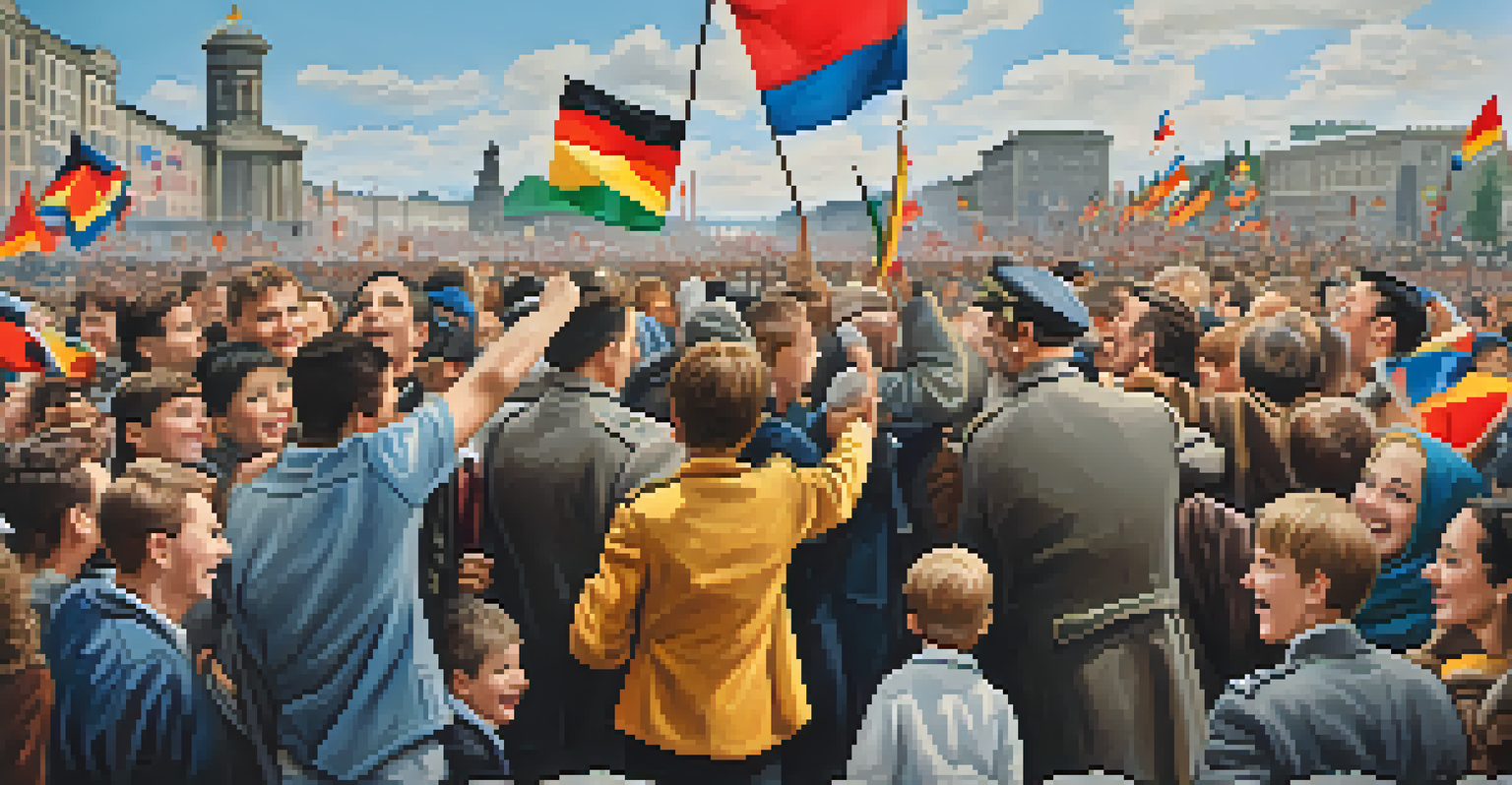 A family reuniting joyfully at the Berlin Wall, expressing joy and relief amid a celebratory atmosphere.
