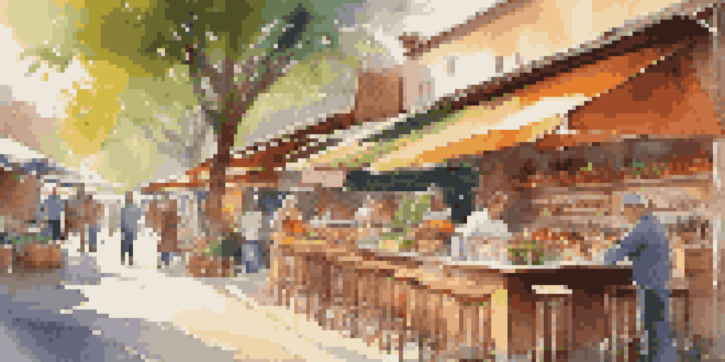 A barista pouring coffee in a lively market with colorful stalls and sunlight filtering through trees.