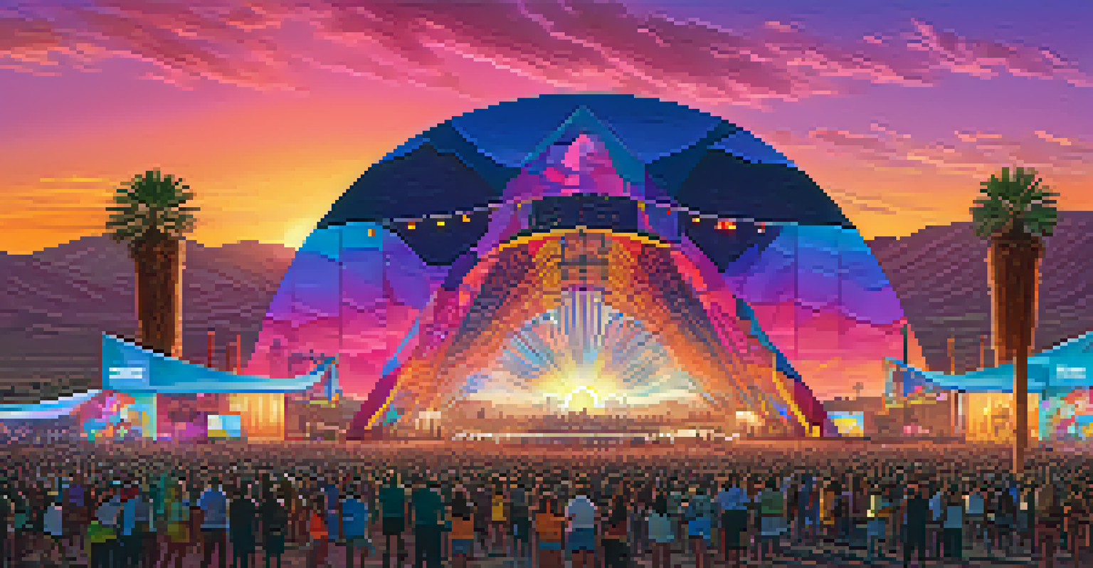 An electronic music festival in the California desert with a large stage, colorful LED lights, and attendees in trendy outfits enjoying the atmosphere.