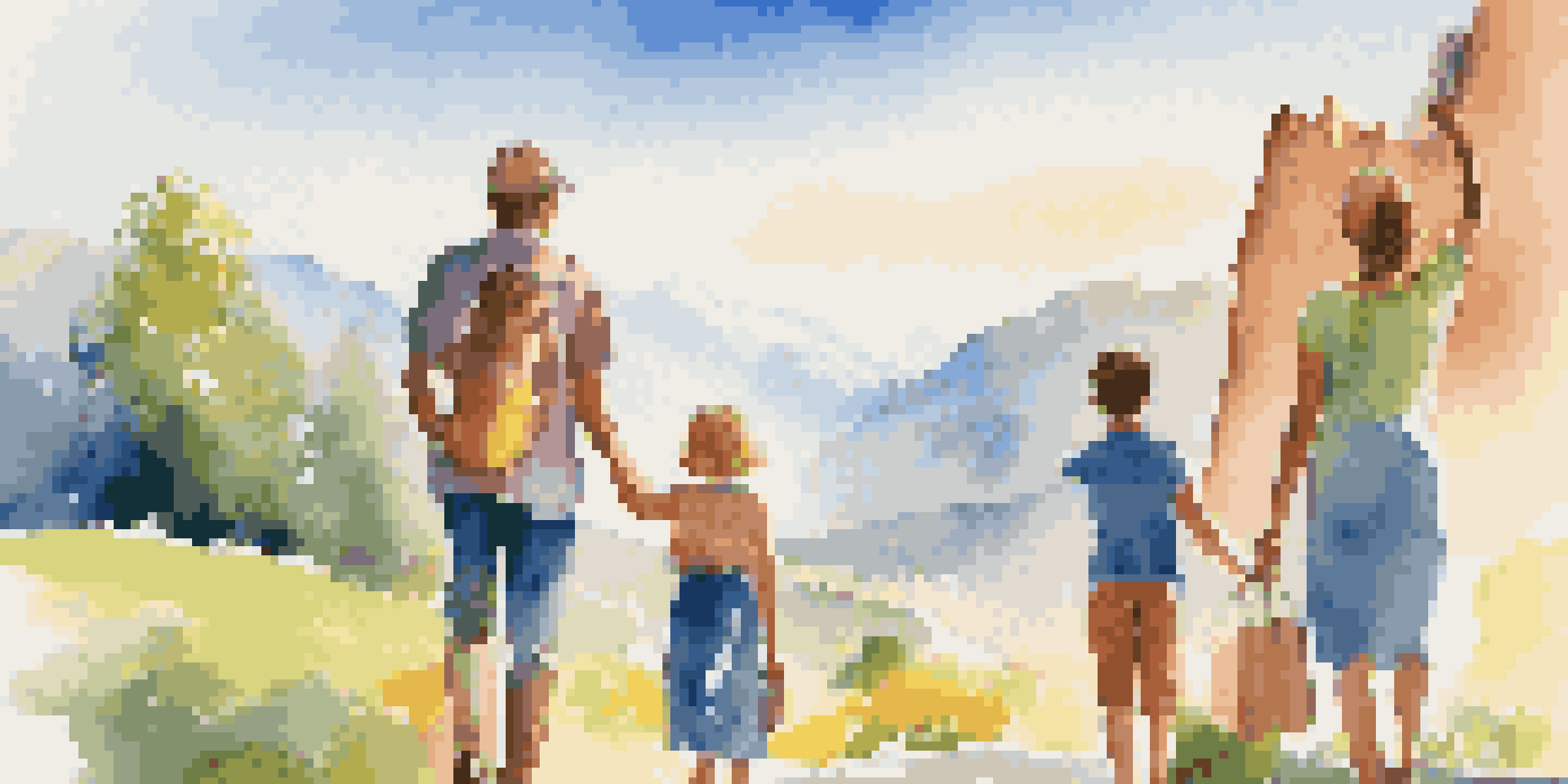 A family of four, including two children, in front of a scenic mountain view holding a travel insurance brochure, looking excited.