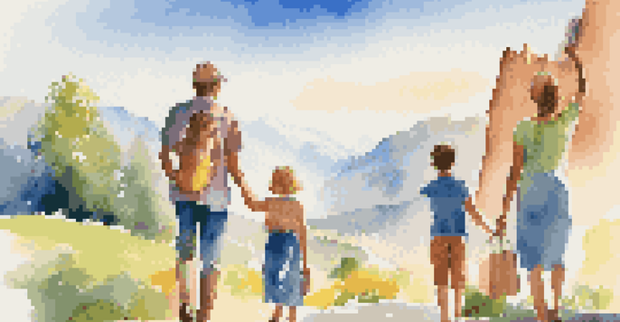 A family of four, including two children, in front of a scenic mountain view holding a travel insurance brochure, looking excited.