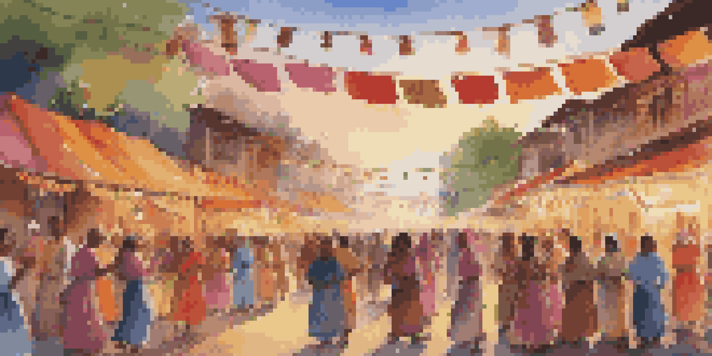 A lively cultural festival with people dancing in colorful costumes, food stalls, and bright decorations under a sunset.