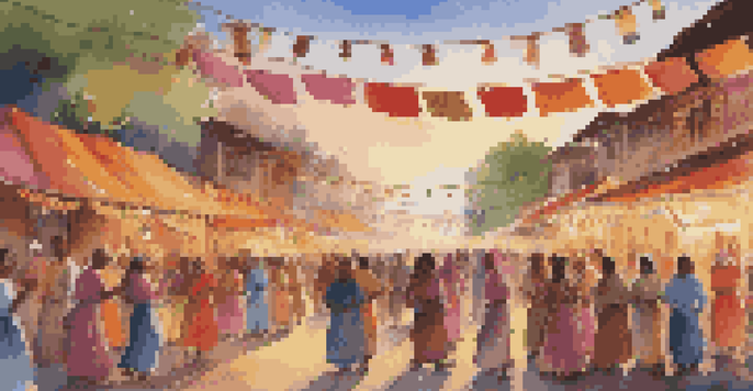 A lively cultural festival with people dancing in colorful costumes, food stalls, and bright decorations under a sunset.