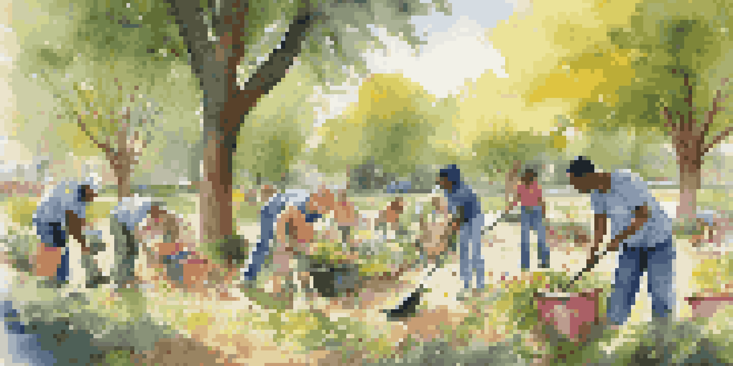 A diverse group of volunteers cleaning up a park on a sunny day, engaging in teamwork and camaraderie.