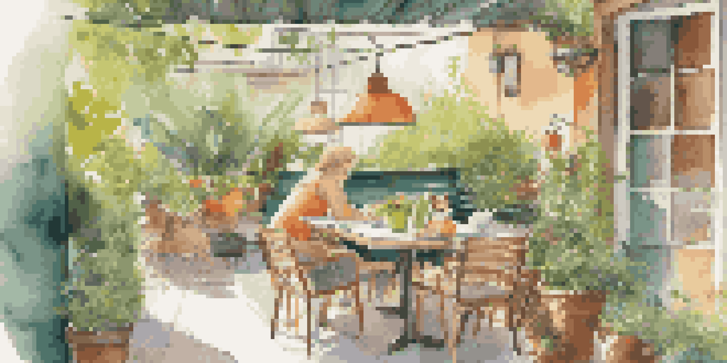 A sunny patio scene with a dog resting under a table and a cat in a pet carrier, showcasing a joyful dining experience with pets.