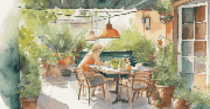 A sunny patio scene with a dog resting under a table and a cat in a pet carrier, showcasing a joyful dining experience with pets.