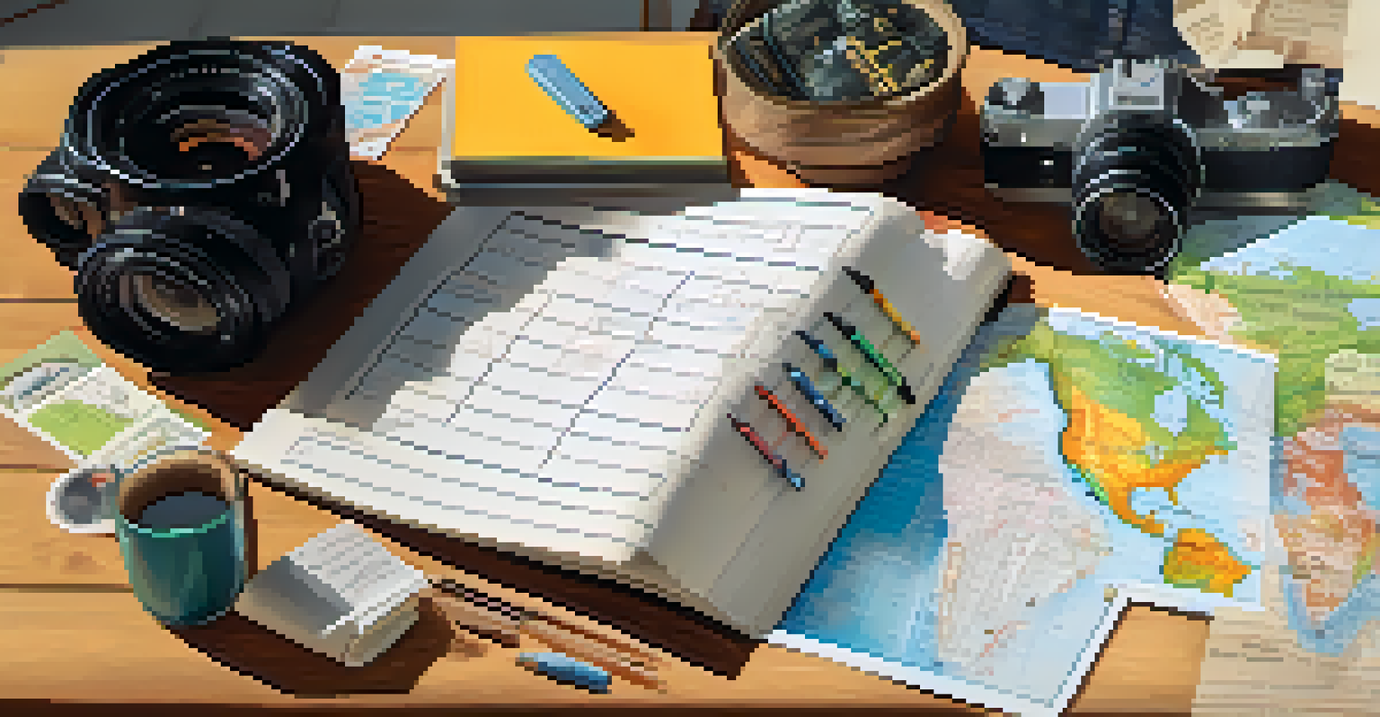 A travel checklist on a wooden table with maps and travel essentials, illuminated by soft morning light.